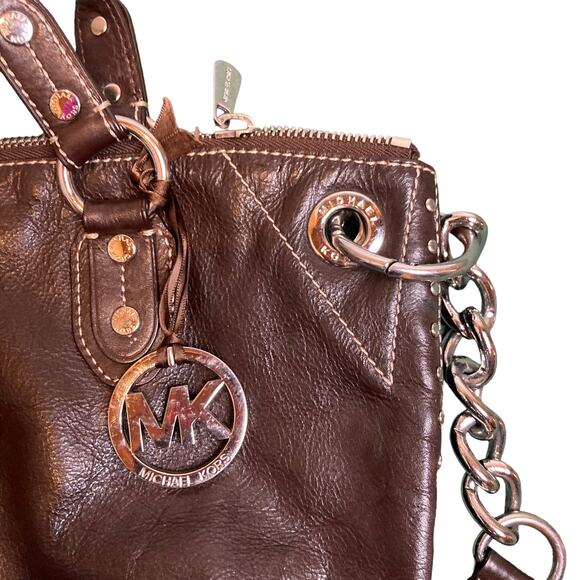 Michael Kors Uptown Astor Dark Brown Studded Leather Shoulder Handbag - Picture 3 of 12